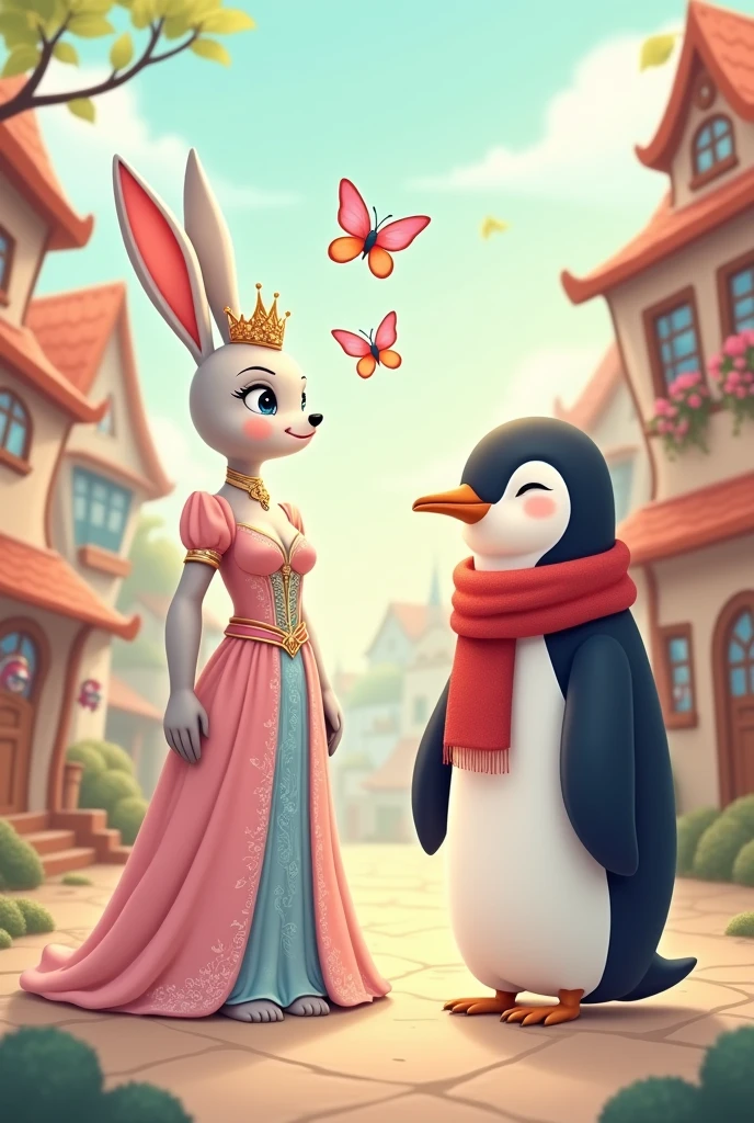 A white tall female rabbit in a gown in soft shades of pink and blue wearing a crown tiara talking friendly with a tall penguin who is wearing a red scarf with 2 butterflies fluttering above them. The scene should be in a cozy village Vector illustration art, cartoon illustration
