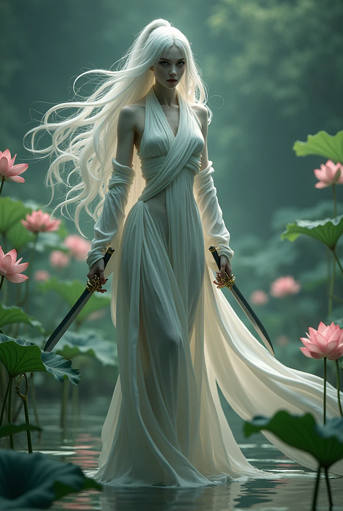 Woman with long white hair resembling a praying mantis in a lotus garden ,holding swords