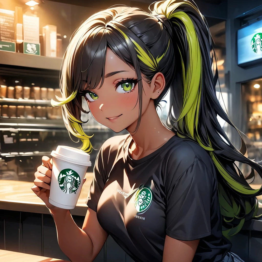 (highest quality:1.2, Very detailed, up to date, Vibrant, Ultra-high resolution, High Contrast, masterpiece:1.2, highest quality, Best aesthetics), Portraiture、girl、((slim:1.5)), Bright colors、Beautiful fine details、Beautiful lip detail、long hair, (ponytail:1.3), white and yellow green ((streaked hair:1.6)), highlights hair: 1.5, (small breast,:1) (tan skin:0.9), drinking coffee:1, holding coffee cup, sit in Starbucks, black t-shirt, happy:1.5, look at viewer, cowboy shot:1