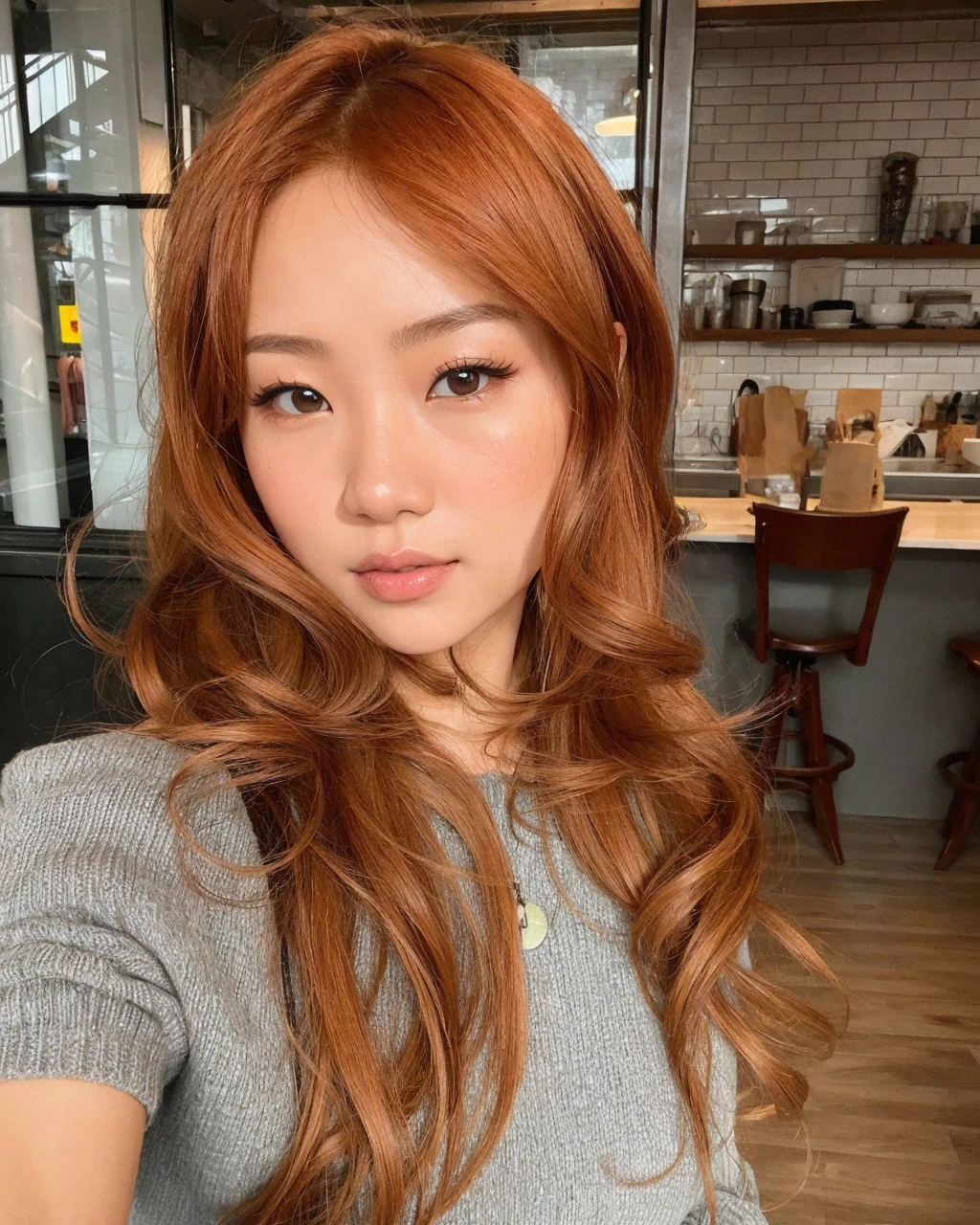 a redhead asian girl with her breasts almost out in a sexy leather lingerie, she is desperate for sex and back with her ass showing
