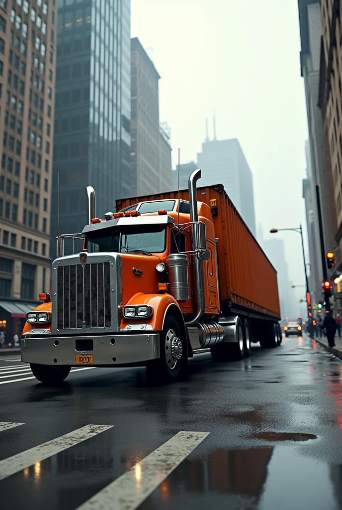 TRUCK WITH BLACK AND ORANGE TRAILER, FROM A LATERAL PERSPECTIVE AND IN THE CITY