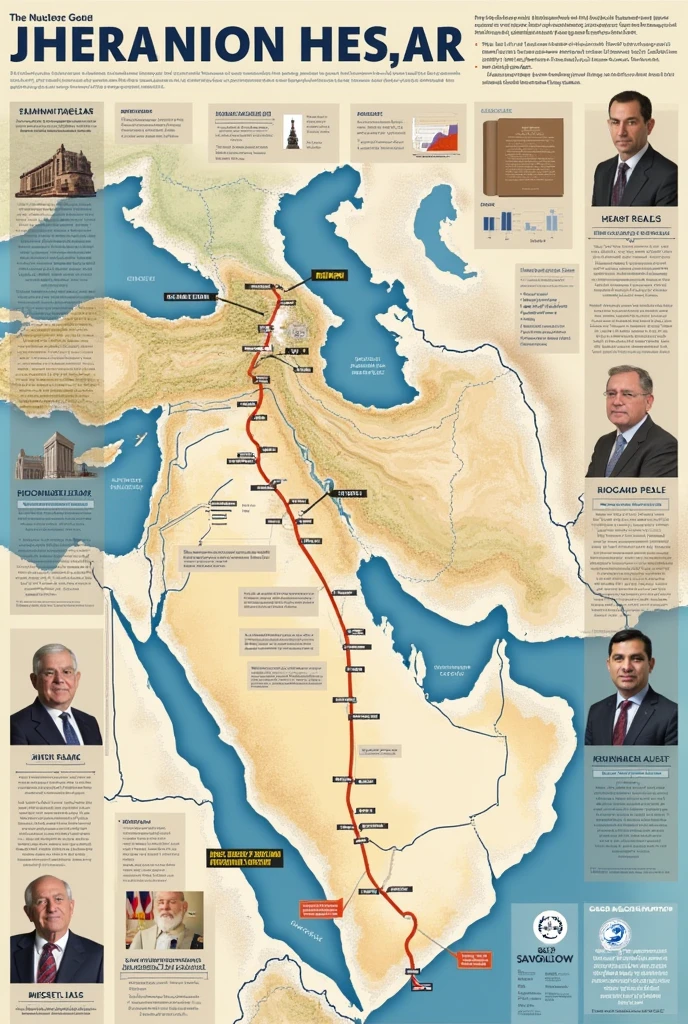 center: Map of the Middle East with Iran highlighted.
Superior: Timeline or arrows showing important events (discovery, talks, signing of the agreement, US withdrawal.UU.).
inferior: Signed document and sanctions shield icons, with graphs showing impacts and results.
laterals: Representative icons of key actors and symbols of tension and peace.