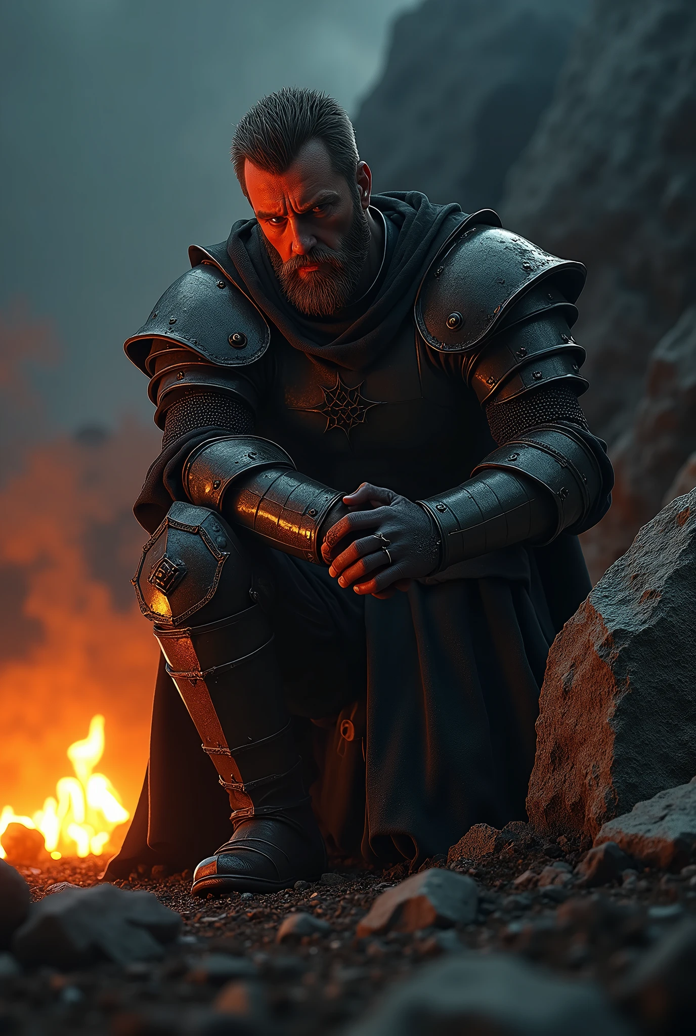 a templar knight kneeling behind a rock, detailed face, detailed armor, detailed knight, bottom view, night scene, dark sky, orange glow from fire, dark ambience, poor lighting, HDR, UHD, realistic, photorealistic, physically-based rendering, masterpiece, ultra-detailed, sharp focus, vivid colors, studio lighting, dramatic lighting