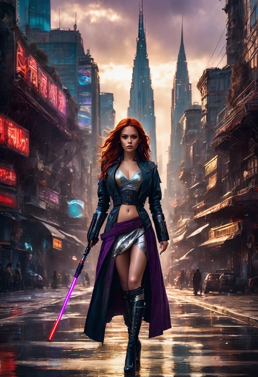 
highly detailed, realistic fantasy scene of a fierce, beautiful jedi woman with flowing red hair anda purple lightsaber. She is standing in a futuristic dystopian city with towering, crumbling buildings and spires. She wears intricate, ornate, alluring leather armor that blends elements of a corset and thigh-high boots, accented with red lace and a tattered leather trench coat. Her expression is intense, and alluring with a focus on the predatory and graceful nature of her movement. The lighting should be dramatic, with a moody, overcast sky casting shadows across the scene, enhancing the dark, brooding atmosphere, dynamic pose, perfect anatomy, full body, life size, detailed skin texture, full HD, 4K, HDR