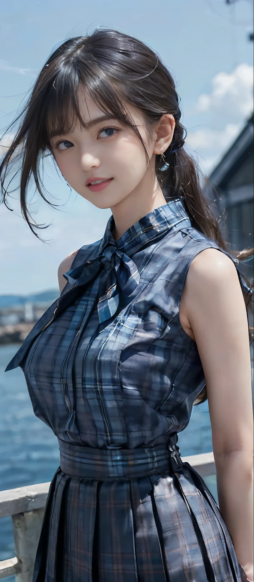 (Highest quality, masterpiece:1.2), Highest quality, Realistic, photograph, High resolution, 1080P, 8k, Physical Rendering, ((height: 155cm、Slim and slender style、medium firm chest)), ((((((A beautiful fashion model featured in a Japanese fashion magazine、Look directly at the viewer)))))), (((big, Very fine, Beautiful dark brown eyes))), ((((Everyone loves me、They are Laughter at me.!)))), Detailed fingers, (((length, Curled bangs))), ((((Very noble and cute eyes, Every detail is carefully drawn)))), ((double eyelid)), (((length eyelashes))), ((cute、Adorable、Adorable、Laughter、Laughter頬)), ((Pure white light hits my nose and cheeks、The shadows are clear. Her eyes and the white skin of her face are beautifully white........)), (((((Her face is very expressive、With a noble smile。, so sweet, very smart))))), ((((A striking plain navy large school ribbon bow tie)))), ((((Beautiful long black hair blowing in the strong wind、Hair fluttering in the strong wind)))), (((((((She is wearing a formal long pleated skirt, She flips up her blue and navy tartan check to reveal her beautiful breasts)))))), ((((The size is a bit small、When she lifts up her white sleeveless shirt with a gold emblem, she shows off her beautiful small breasts.、Full upper body nude)))), ((As elegant as a noble princess)), ((From before,The shirt is pulled up to reveal a fully nude upper body、Create a striking image showing off your breasts..))