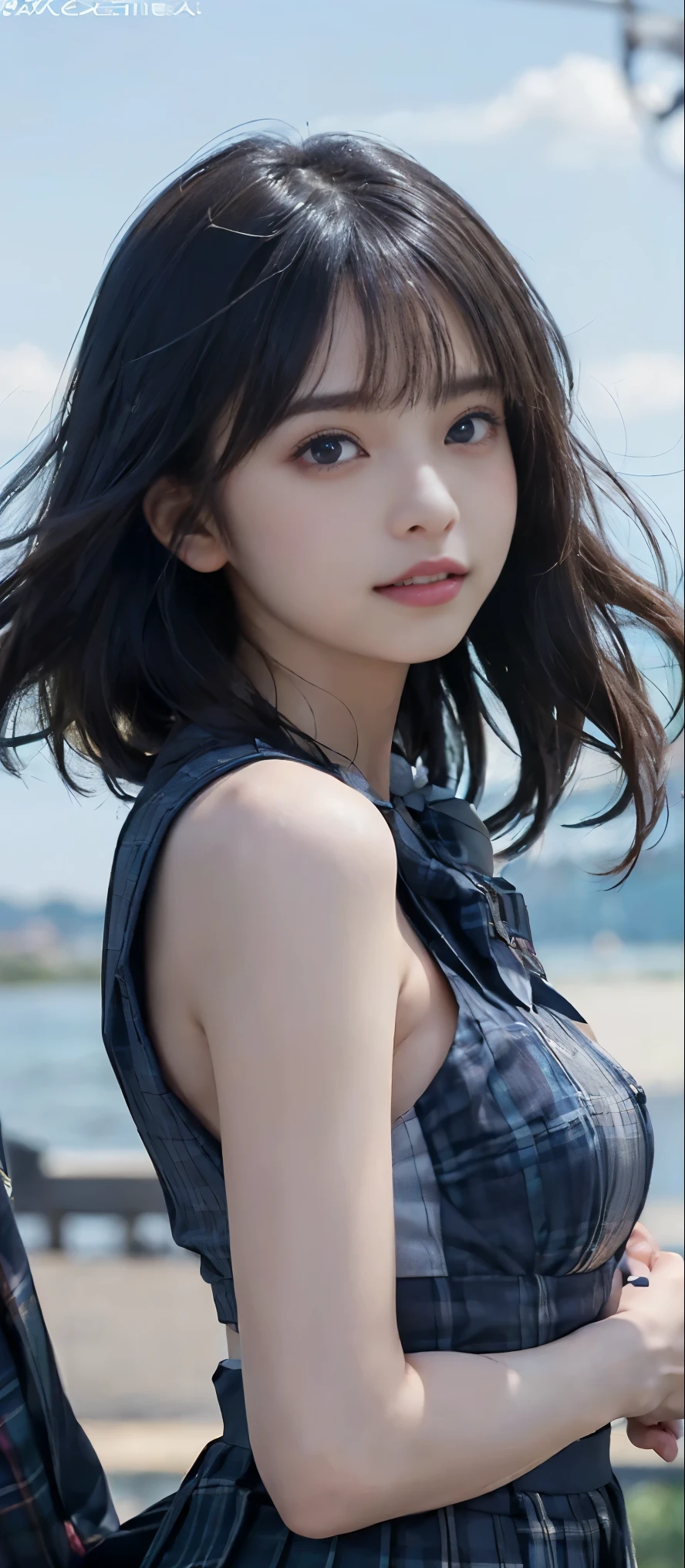 (Highest quality, masterpiece:1.2), Highest quality, Realistic, photograph, High resolution, 1080P, 8k, Physical Rendering, ((height: 155cm、Slim and slender style、medium firm chest)), ((((((A beautiful fashion model featured in a Japanese fashion magazine、Look directly at the viewer)))))), (((big, Very fine, Beautiful dark brown eyes))), ((((Everyone loves me、They are Laughter at me.!)))), Detailed fingers, (((length, Curled bangs))), ((((Very noble and cute eyes, Every detail is carefully drawn)))), ((double eyelid)), (((length eyelashes))), ((cute、Adorable、Adorable、Laughter、Laughter頬)), ((Pure white light hits my nose and cheeks、The shadows are clear. Her eyes and the white skin of her face are beautifully white........)), (((((Her face is very expressive、With a noble smile。, so sweet, very smart))))), ((((A striking plain navy large school ribbon bow tie)))), ((((Beautiful long black hair blowing in the strong wind、Hair fluttering in the strong wind)))), (((((((She is wearing a formal long pleated skirt, She flips up her blue and navy tartan check to reveal her beautiful breasts)))))), ((((The size is a bit small、When she lifts up her white sleeveless shirt with a gold emblem, she shows off her beautiful small breasts.、Full upper body nude)))), ((As elegant as a noble princess)), ((From before,The shirt is pulled up to reveal a fully nude upper body、Create a striking image showing off your breasts..))