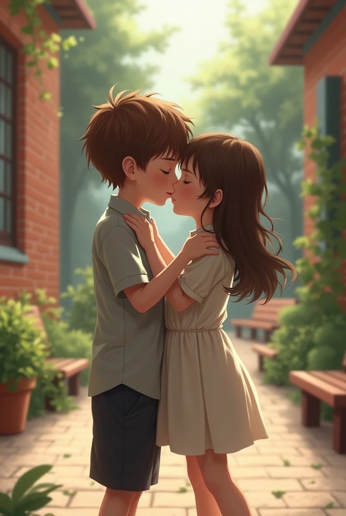 Create two kids kissing at school