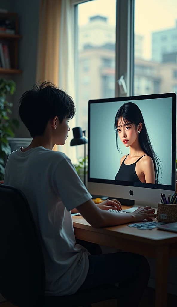 A age boy of approximately , stomach 1.90, with medium weight, sitting at a desk in front of his computer with two screens, On the first screen a video of a popular boy is shown, muscled man playing basketball. On the second screen you see a video of a pretty girl with oriental features., especially from Japan, with black hair, seeds, and a little short with white skin but not pale. The teen is specifically looking at the second screen. All this in the afternoon, in his room which is a bit messy. make it a little bit far away, make your room more noticeable.