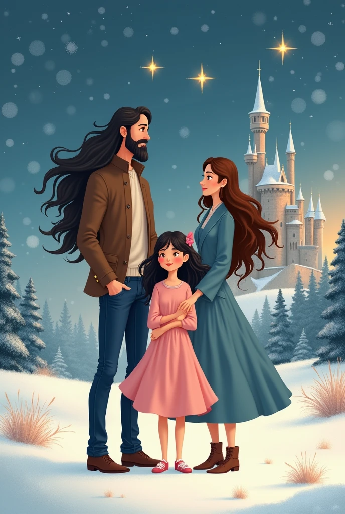 Make a drawing where there is an eleven-year-old girl in a pink dress and her parents are a man with very long hair and a black woman with curly hair..There are two stars in the sky, a castle and snow 