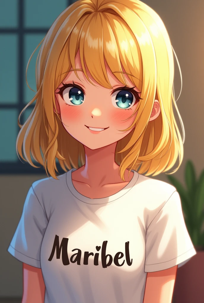 Blonde girl with a t-shirt that says Maribel's name