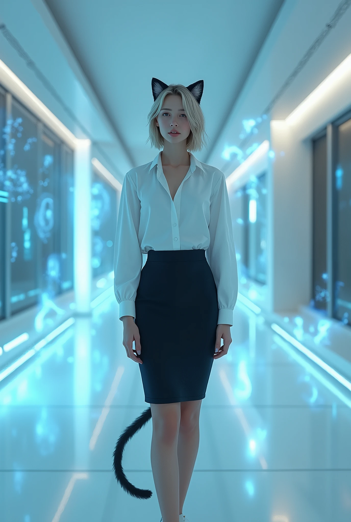 (photorealism:1.2), beautiful woman, swedish, blonde,sad, pensive, assistant, pencil skirt, 18yo, corporate lobby, white floor and ceiling, blue lighting, hologram, projection,looking at camera, short hair, cat ears, cat tail