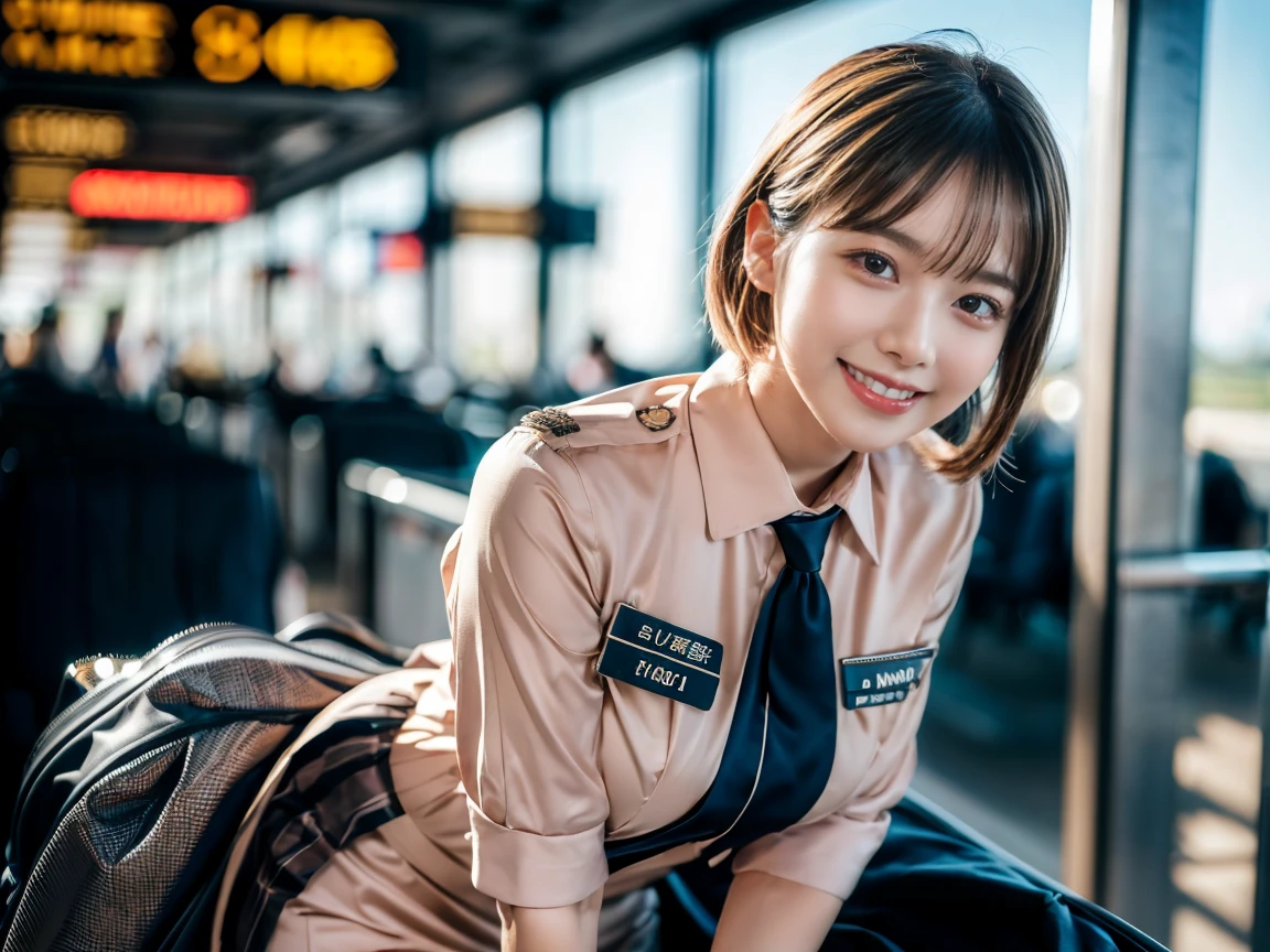 nude ,(elevation)(Stewardess Uniform)Mix 4,Very detailedな (8k, RAW Photos, 最high quality, masterpiece: 1.45), (Realistic, Realistic: 1.37), (Ultra-high resolution)(Textured skin)(Very detailed)(high quality)(最high quality)(First Person View)Cute Woman,smile ,airport,short hair