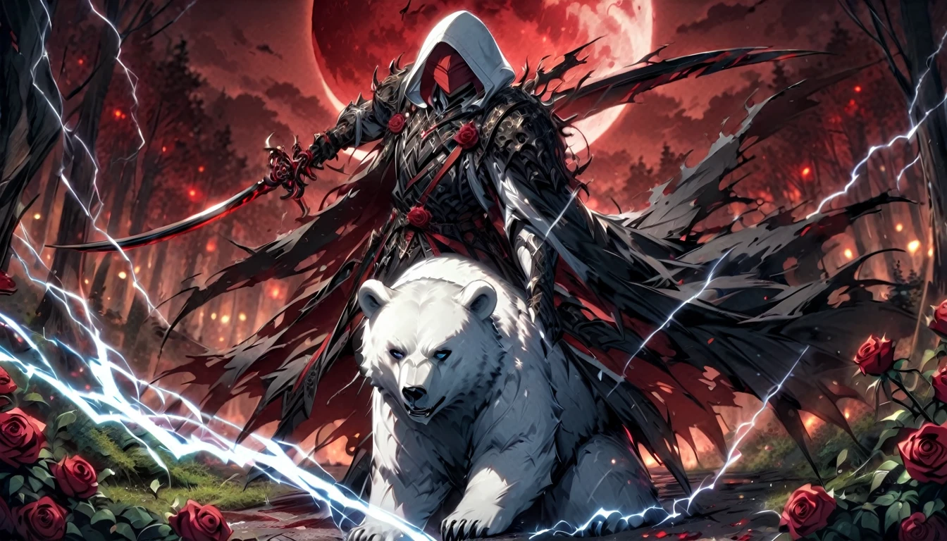 One man with a white hood with bear ears and a katana sits next to a polar bear in a forest while the blood moon shines, many Roses cover the ground and lightning falls from the sky. The man wears a red blindfold.