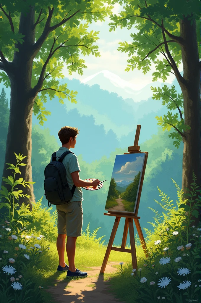 The painter in the forest with breeze