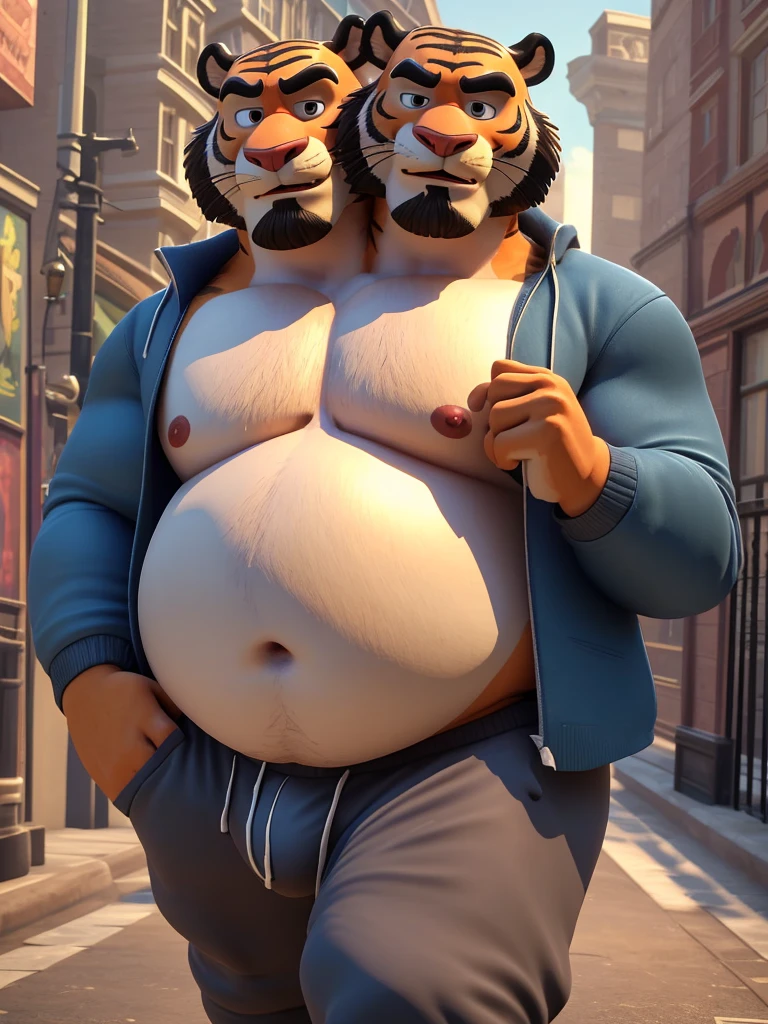 solo, tiger, canine, twins, 60 year old male, different facial expressions, bored, content, atwo identical heads attached to the same body, tiger ears, bald, masculine, two necks, eyes, adult, male, (3d, by Disney), (overweight, fat, dadbod, big belly), beards, stubble, street background, (shirtless, navel, male nipples, sweatpants, bulge), correct hands, correct anatomy, (ultradetailed, best quality, detailed masterpiece, highly detailed masterpiece, 4k, professional cartoon:1.7), (natural pose, sexy pose), ((running))