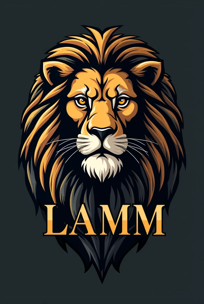 Generate a barbershop logo with the initials lamm that has a lion with the colors black and gold