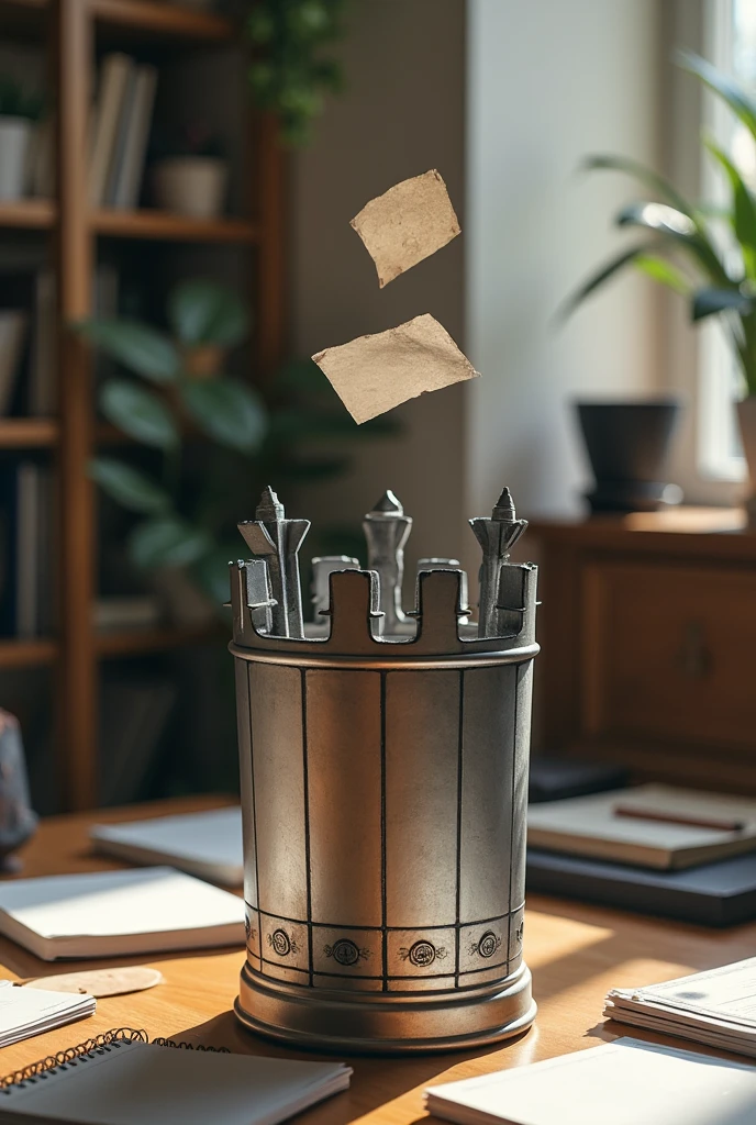 Create an image of a small trash can or garbage bin in the shape of a chess tower that can be thrown into ( papers ) from the top 