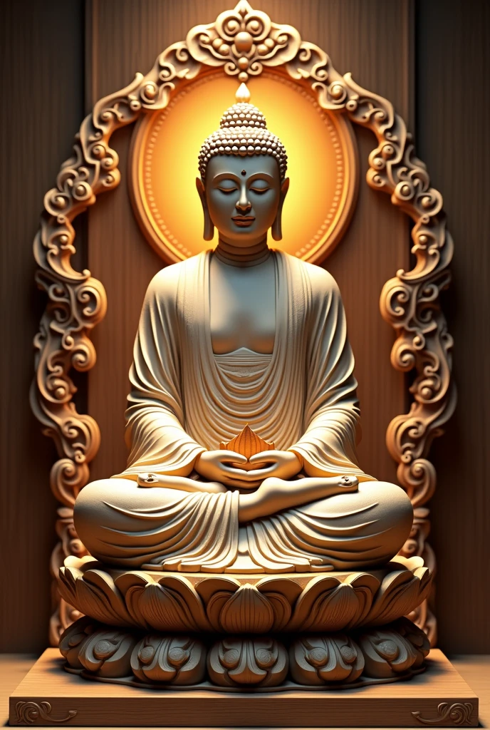 A highly detailed and intricate wood carved Buddha statue, a seated Shakyamuni Buddha, with a boat-shaped mandorla and lotus throne, placed in a small Buddhist altar, serene expression, intricate robes, realistic textures, warm lighting, photorealistic, award winning sculpture, 8k, hyperrealistic