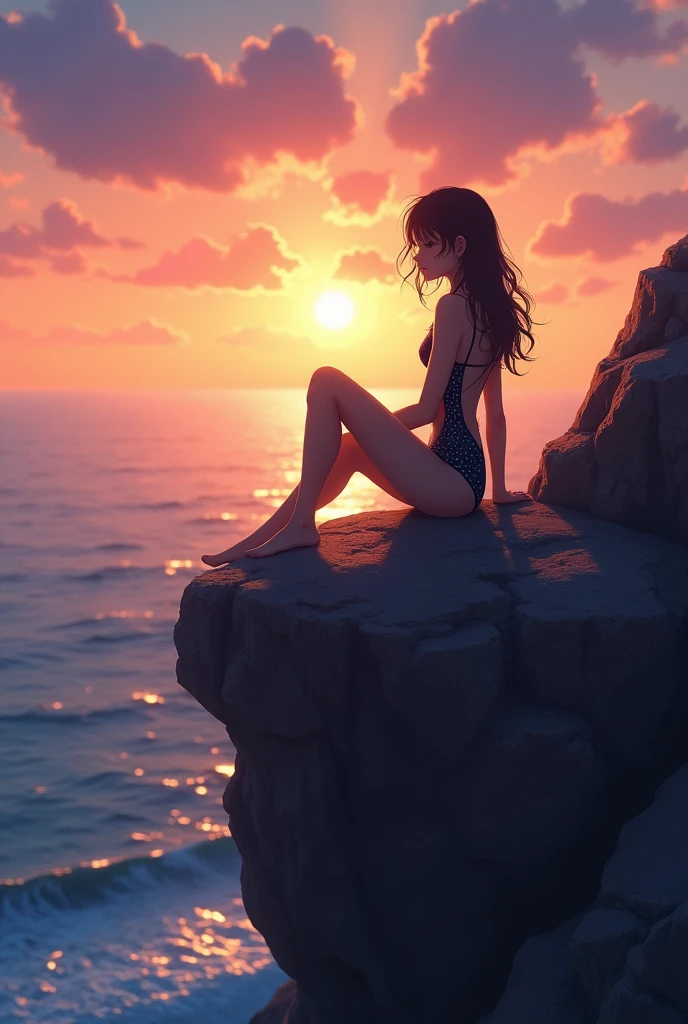 Girl in a swimsuit, Sitting on a cliff, evening