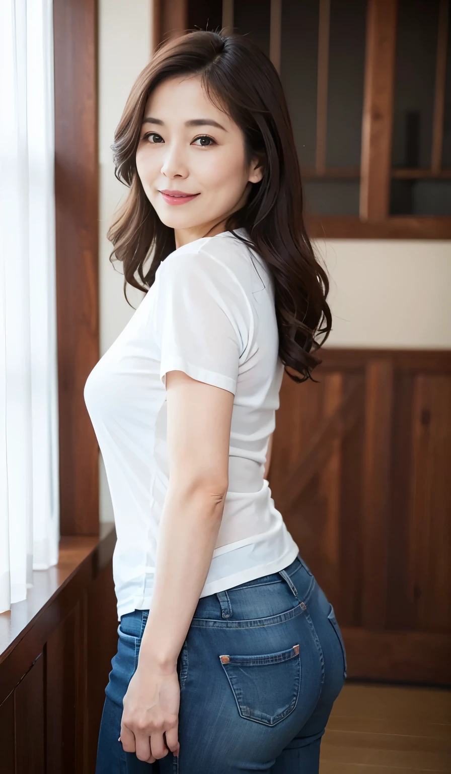 Beautiful Japanese Women、Beautiful Mature Woman、Classy sex appeal、sexy、Perfect Lighting、Beauty、Transparent beauty、8K High Resolution、Beauty in natural light、High resolution、Photorealistic、Masterpiece、smile、Gravure quality、5 Mrs.、Plump body shape、Tight denim pants、Pastel colored T-shirt、Take a break at the café、Ass