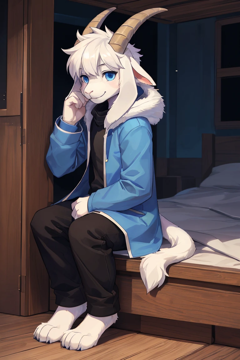 a boy, teenager, alone, Asriel, Undertale (Asriel Dreemurr), smile, eskimo coat (blue coat), tall, hairy, anthropomorphic, blue eyes (black shirt, black pants), goat's foot, paw with metacarpus ((short tail, anthropomorphic tail, short tail, furry tail, goat tail, goat, anthro, furry tail, furry)), hair (bangs on the right side), barefoot, short horns. ((Detailed, detail on tail, short tail, details on face, best quality))