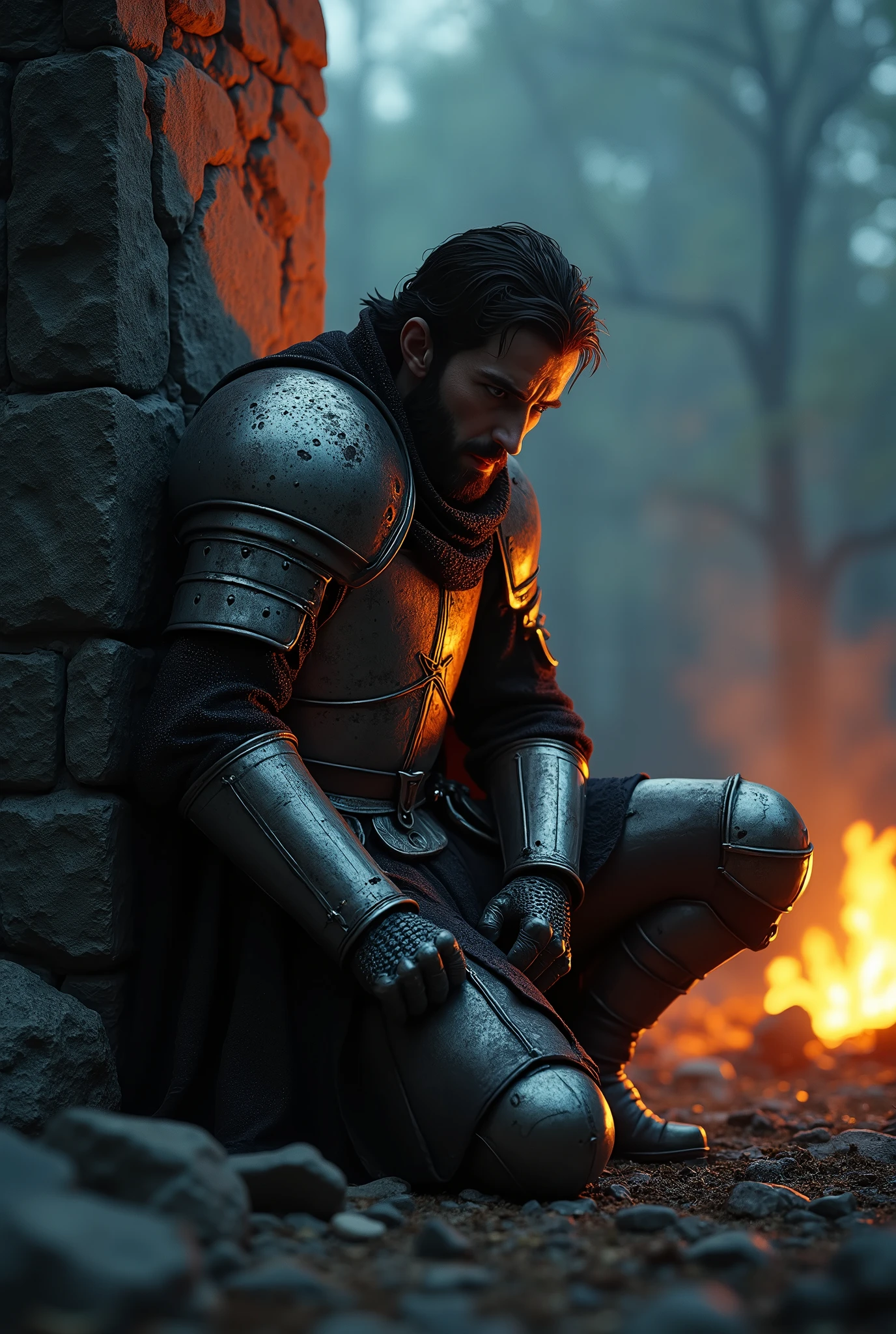 a templar knight kneeling behind a rock, detailed face, detailed armor, detailed knight, bottom view, night scene, dark sky, orange glow from fire, dark ambience, poor lighting, HDR, UHD, realistic, photorealistic, physically-based rendering, masterpiece, ultra-detailed, sharp focus, vivid colors, studio lighting, dramatic lighting