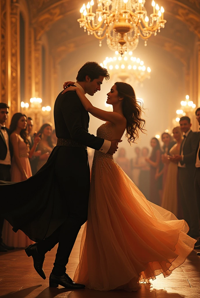Unknown prince and young woman dancing on the ball, everyone is watching them, dance is passionate
