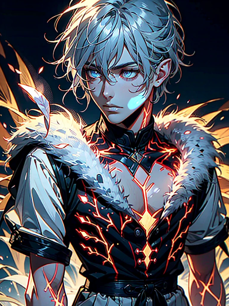 Elf Man, Guy with Gray hair, male, blue eyes, glowing veins on the chicks, shining eyes, standing, topless, digital art, masterpiece, sharp, black background, close look, no background, portrait,