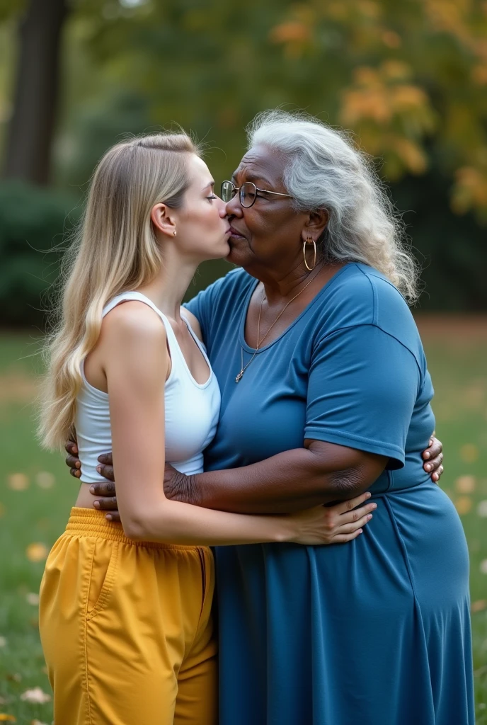 Create a photo of a 30 year old woman, with a slender and beautiful body, wearing yellow sweatpants and a white top with white and fair skin, with long blonde hair who is being kissed and grabbed by a 90 year old elderly lady, obese woman who has dark black skin and is wearing a blue dress and prescription glasses outdoors