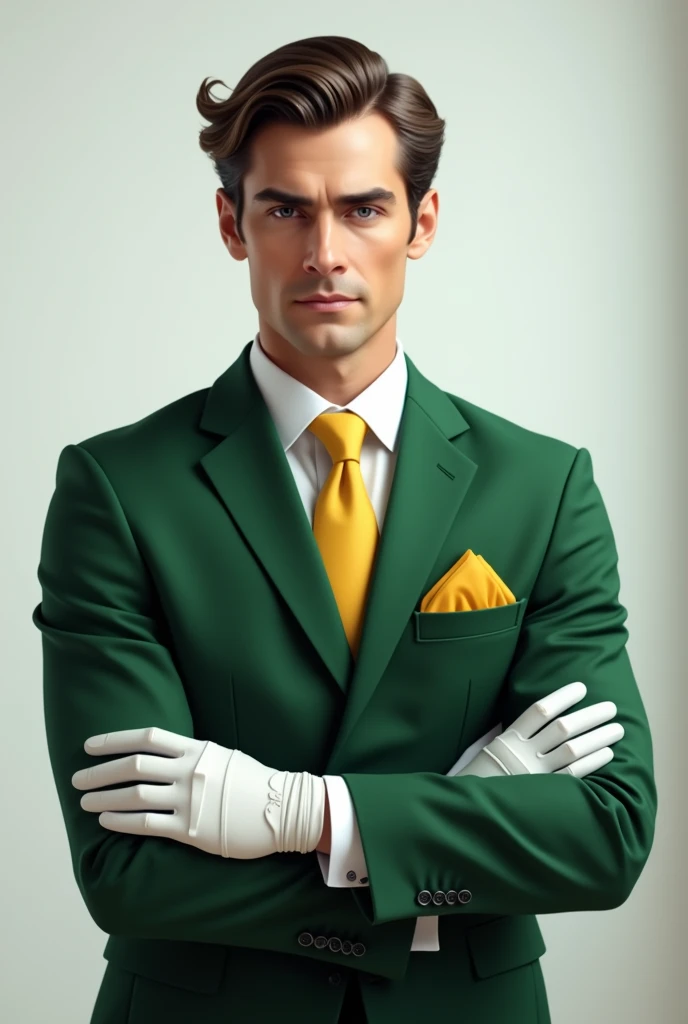 I would like a highly realistic image of a man from the waist up. He should be wearing a green suit, white shirt and yellow tie. The background should be a neutral environment, white and well lit. The man's hair should be combed to the side and he should wear white gloves in his jacket pocket with a yellow detail like a handkerchief or something similar.. He should have his arms crossed and looking at the camera. The camera should be at eye level, capturing half of the body., and the image must be in high resolution.