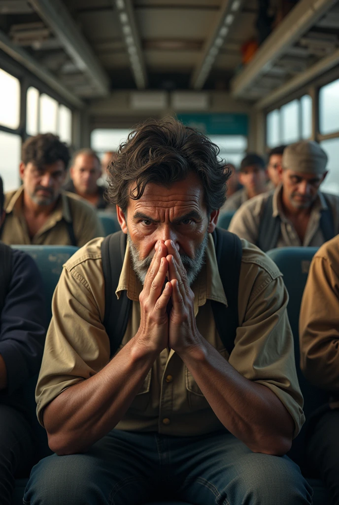 Please create a very realistic image of a man., middle aged brunette, praying alone inside a bus full of Brazilian work cards in his hands and in his backpack his work tools with a trowel appear slightly, chaves e alicates. symbolizing the Brazilian worker&#39;s search for work and income. This image will be used as the basis for a YouTube video of a popular worker looking for a job praying
