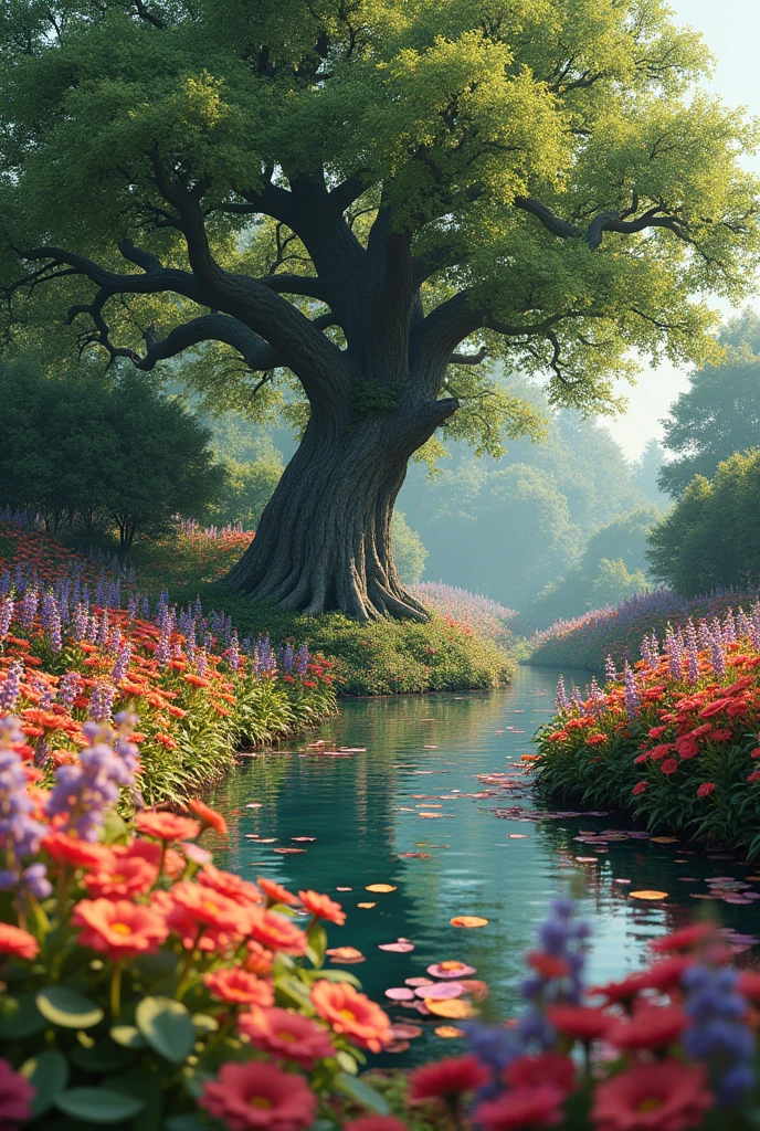 A garden full of colorful flowers, with a small pond and an old oak tree in the center