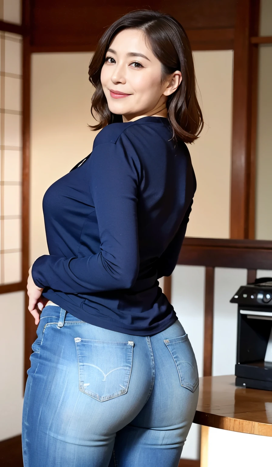 Beautiful Japanese Women、Beautiful Mature Woman、Classy sex appeal、sexy、Perfect Lighting、Beauty、Transparent beauty、8K High Resolution、Beauty in natural light、High resolution、Photorealistic、Masterpiece、smile、Gravure quality、5 Mrs.、Plump body shape、Tight denim pants、Pastel colored T-shirt、Take a break at the café、Ass