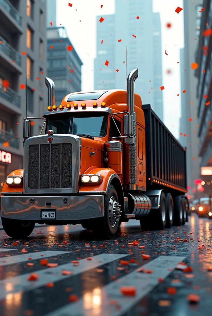 TRUCK WITH BLACK AND ORANGE TRAILER, FROM A LATERAL PERSPECTIVE AND IN THE CITY, WITH LIGHTS AND CONFETTI