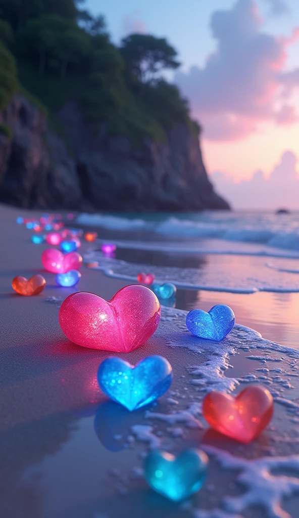 On the beach, there are large heart-shaped stones in various sizes and colors—ranging from deep blues and purples to bright pinks and oranges—scattered along the shore. Each stone is detailed, with a smooth, polished surface that reflects the light subtly. Smaller heart-shaped pebbles, in vibrant colors, are spread around the larger stones, and some float gently in the air, giving the scene a magical, dreamlike quality.
The wet sand reflects the colorful sky and the glowing stones, creating a mirror-like effect. Gentle waves wash up on the shore, leaving behind foamy patterns that blend seamlessly with the heart shapes. In the background, a rocky cliff covered in lush greenery adds depth to the landscape, while the twilight sky adds a sense of serenity and wonder to the overall scene.
The atmosphere should evoke feelings of love, peace, and enchantment, with every detail meticulously rendered in ultra-high definition to create an immersive, breathtaking visual experience.