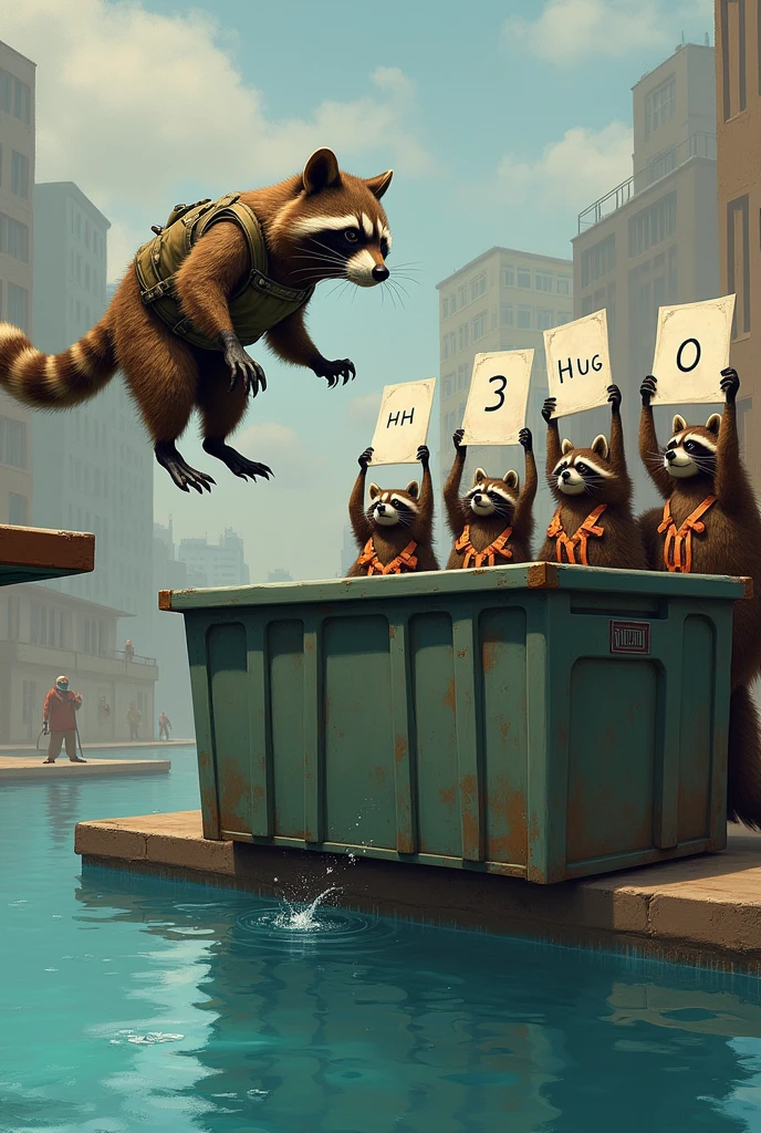 Make a picture of a raccoon jumping into a garbage container, as a diver, with a bunch of raccoons qualifying as a jury ( that they have posters rating)
The diver on the left side of the image, and the jury on the right The one who jumps has to jump into a container, not into a pool, jumps from a diving board into a dumpster I don't want water to be seen in the picture, just the nailing to the garbage container