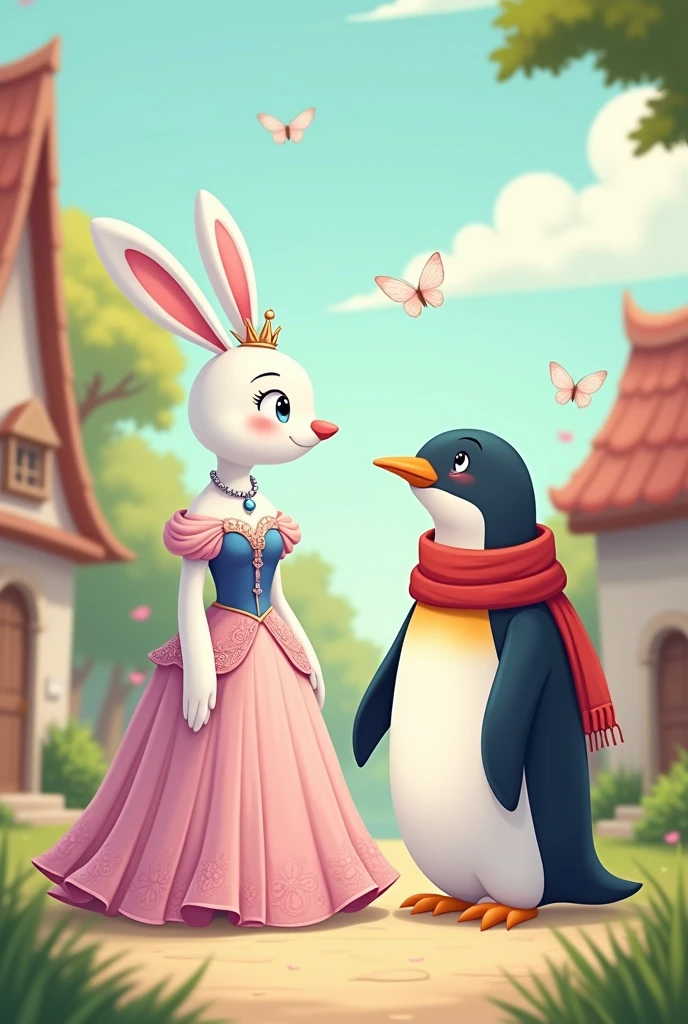 A white tall female rabbit in a gown in soft shades of pink and blue wearing a crown tiara talking friendly with a tall penguin who is wearing a red scarf with 2 butterflies fluttering above them. Both are looking at each other and talking. The scene should be in a cozy village Vector illustration art, cartoon illustration. White beautiful Rabbit princess