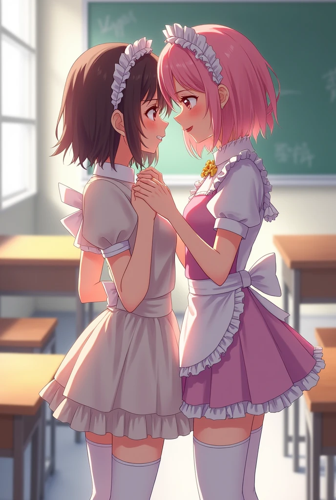 Two cute anime femboys kissing and touching in the classroom full body white tights wearing adult baby diapers and a femboy maid outfit