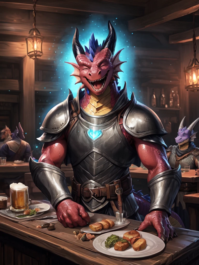solo, male, adventurer, (male anthro dragon:1.3), (red body:1.1), yellow belly, (standing:1.3), (kemono:1.2), (tavern:1.23), heavy armor, (plate armor), (laugh:1.3), eyes closed, open mouth, beer, detailed eyes, dragon tail, horn, (bust portrait), (detailed eyes), (indoors:1.35), table, bar counter, food, dnd, crowd, (dark:1.4), (particles ,firefly, blue glowing:1.3), detailed background, 8k hd, (dark shadows, wide dynamic range, hdr, low light:1.2), by Pino Daeni, canyne khai, milkytiger1145, (bara), [dagasi, yupa]