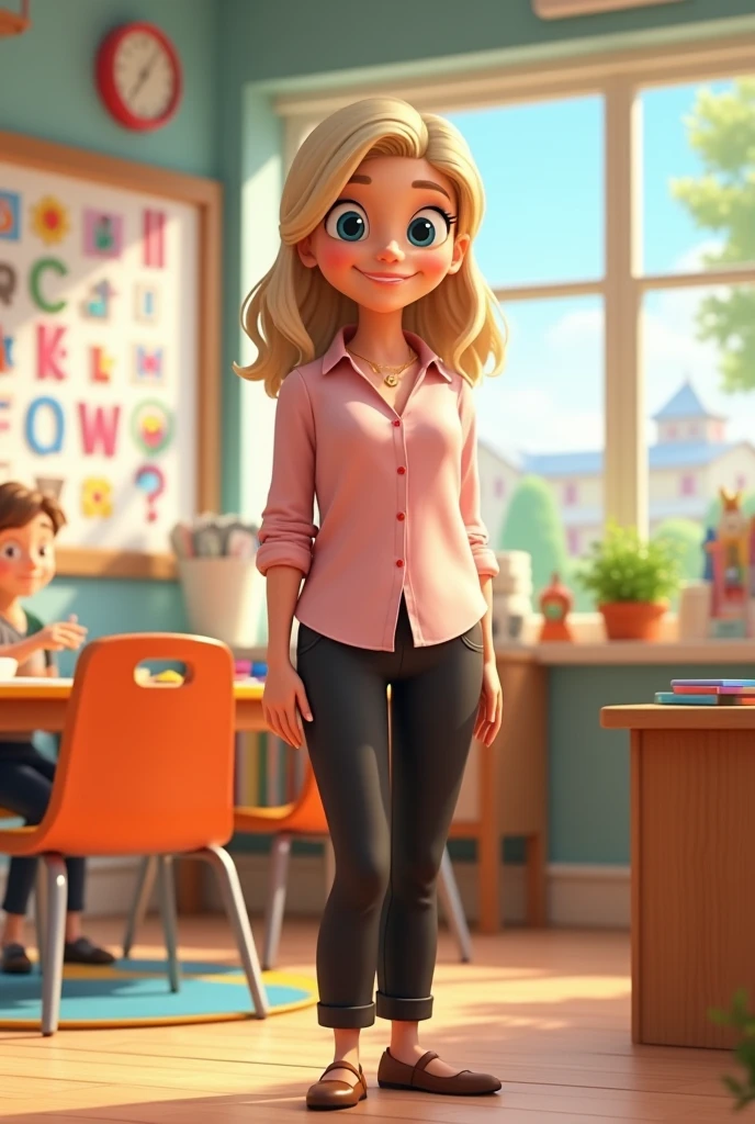 Seed Number: 12 - A teacher with 40 years old blonde hair, medium size on the shoulders, blue eyes, black pants, light pink blouse, brown shoes. She is in a kindergarten classroom, a colorful and fun place. Consistent character, pixar style