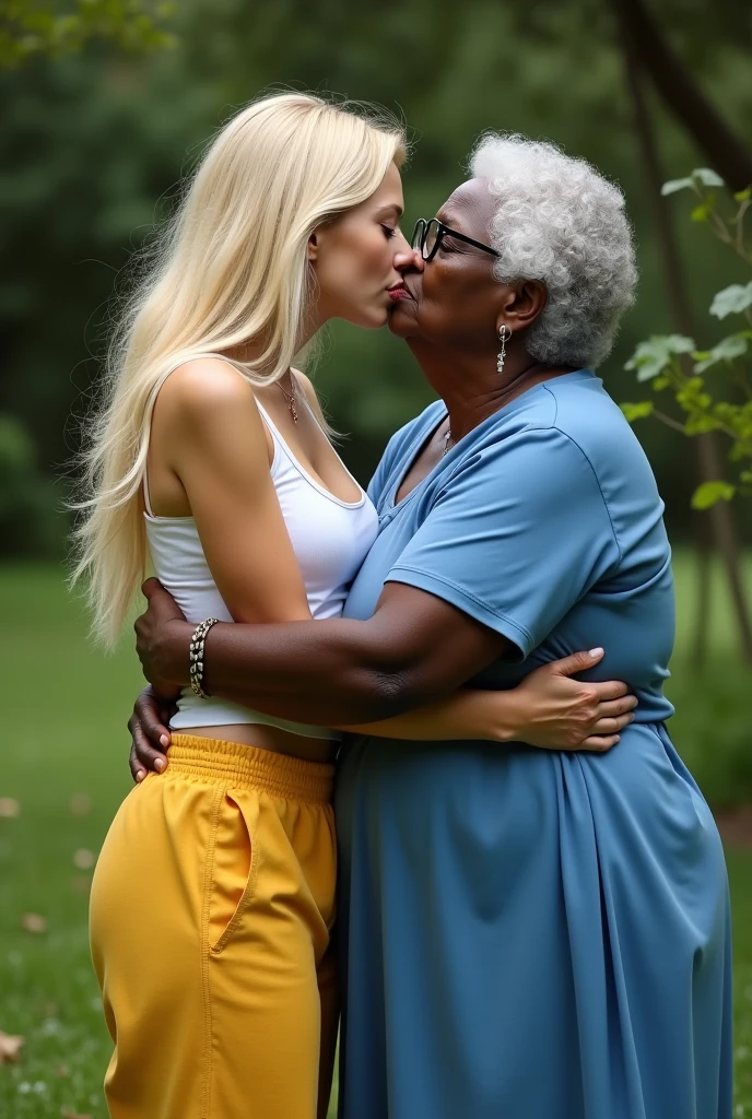 Create a photo of a 20 year old young woman, with a slender and beautiful body, completely naked, with white and clear skin, with long, wet blonde hair, taking a shower backwards while having his body washed by a 90 year old elderly lady, obese, dark black skinned, who wears glasses and a blue dress 