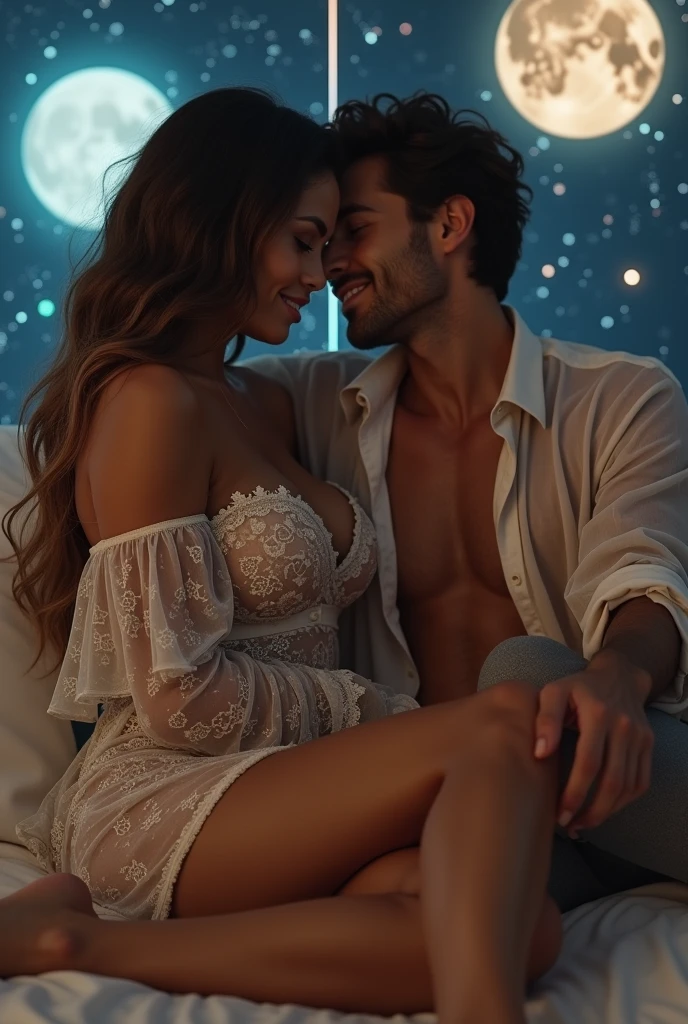 Sexy long haired mature MILF woman, of Latin features, 3 short brown hair, with very large breasts. is in a futuristic room, a starry background with two moons, She wears a lace robe-style nightgown, with details of stars and planets, She is sitting on the lap of a 20 year old guy, They smile as they look at each other