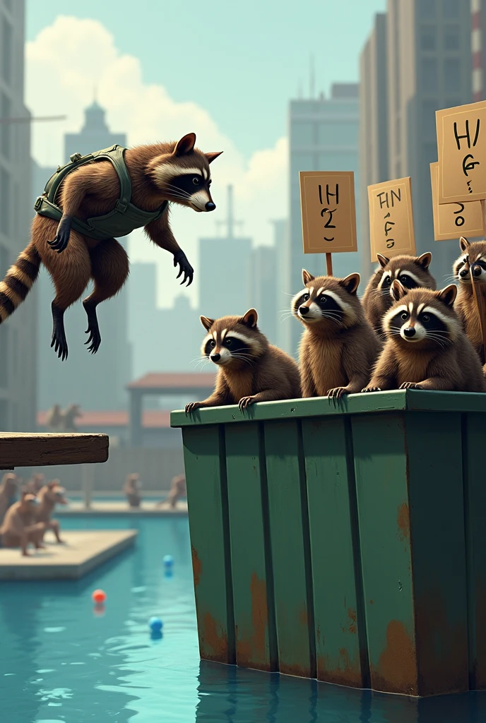 Make a picture of a raccoon jumping into a garbage container, as a diver, with a bunch of raccoons qualifying as a jury ( that they have posters rating)
The diver on the left side of the image, and the jury on the right The one who jumps has to jump into a container, not into a pool, jumps from a diving board into a dumpster I don&#39;t want water to be seen in the picture, just the nailing to the garbage container