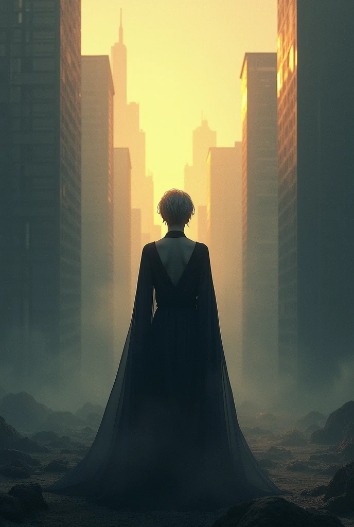 must present an androgynous figure from behind, highlighted in the center, wrapped in a mix of soft shadows and lights that represent the complexities of identity and the search for self-acceptance. The bottom half of the image should be shaded, representing the struggles and challenges faced by the protagonist, while the upper half is bathed in a soft, golden light, symbolizing hope, growth and acceptance.
No fundo, a stylized cityscape should appear, suggesting the modern setting in which the story takes place. The predominant colors can be shades of gray, dark blue and gold, to capture the contrast between drama and hope.