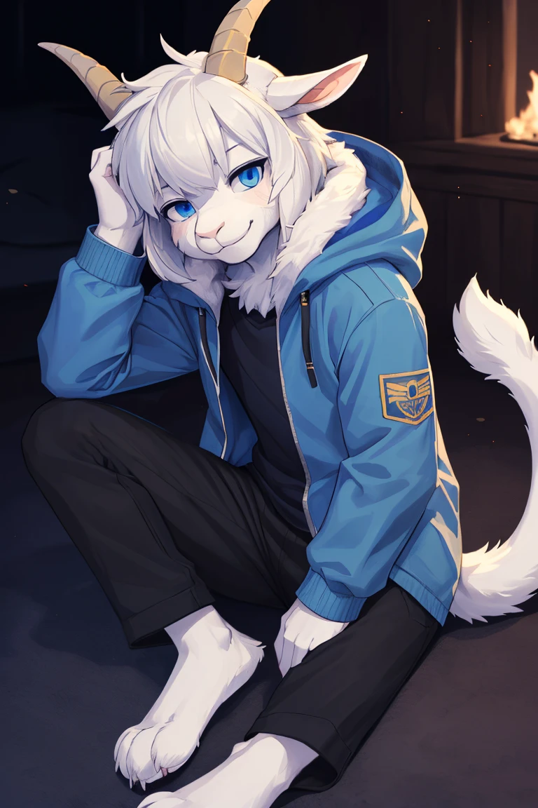 a boy, teenager, alone, Asriel, Undertale (Asriel Dreemurr), smile, eskimo coat (blue coat), tall, furry, anthropomorphic, blue eyes (black shirt, black pants), goat's foot, paw with metacarpus ((short tail, anthropomorphic tail, short tail, furry tail, goat tail, goat, anthro, furry tail, furry)), hair (bangs on the right side), barefoot, short horns, white horns ((short horns)), ((Detailed, detail on tail, short tail, detail on face, best quality))