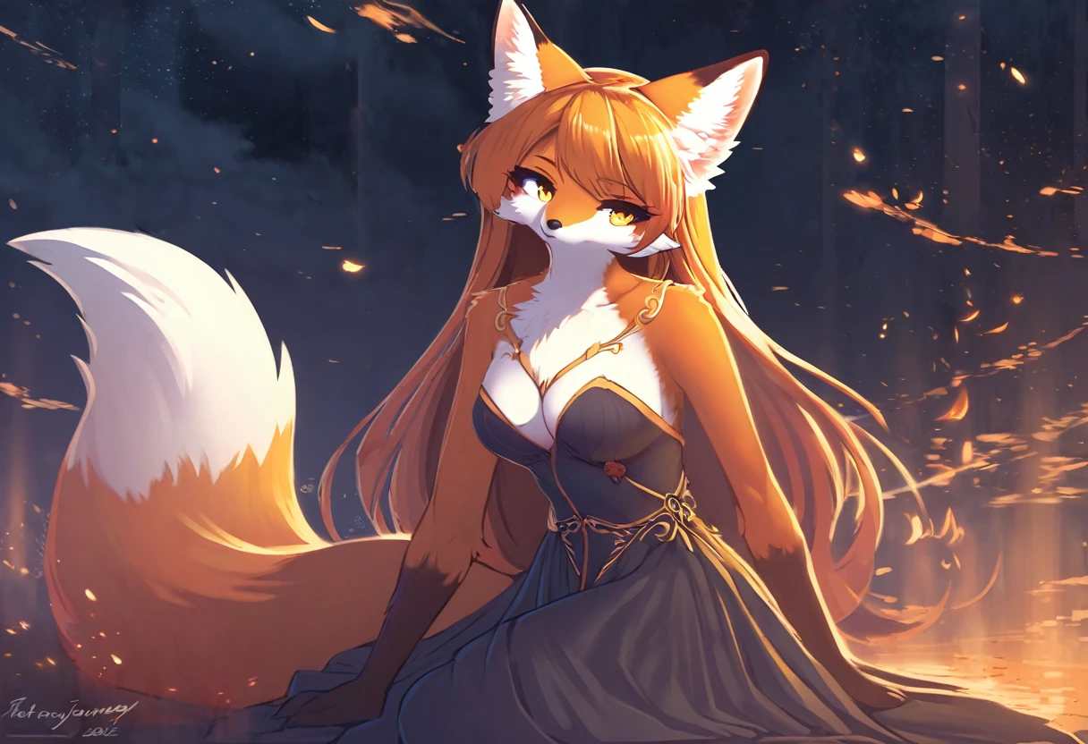 red fox, female, vixen, beautiful, hair, yellow eyes, full body, night, moody, elegant, mysterious, highres, unparalleled masterpiece, perfect artwork, absurdres, rzminjourney, vector-art, masterpiece)(kemono, furry anthro)