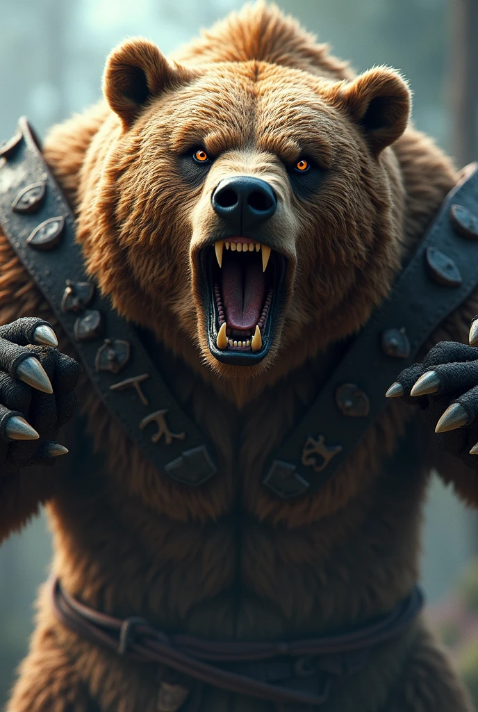 close up face angry warrior bear, claws showing, attacking, viking armor, kick, ax in hand