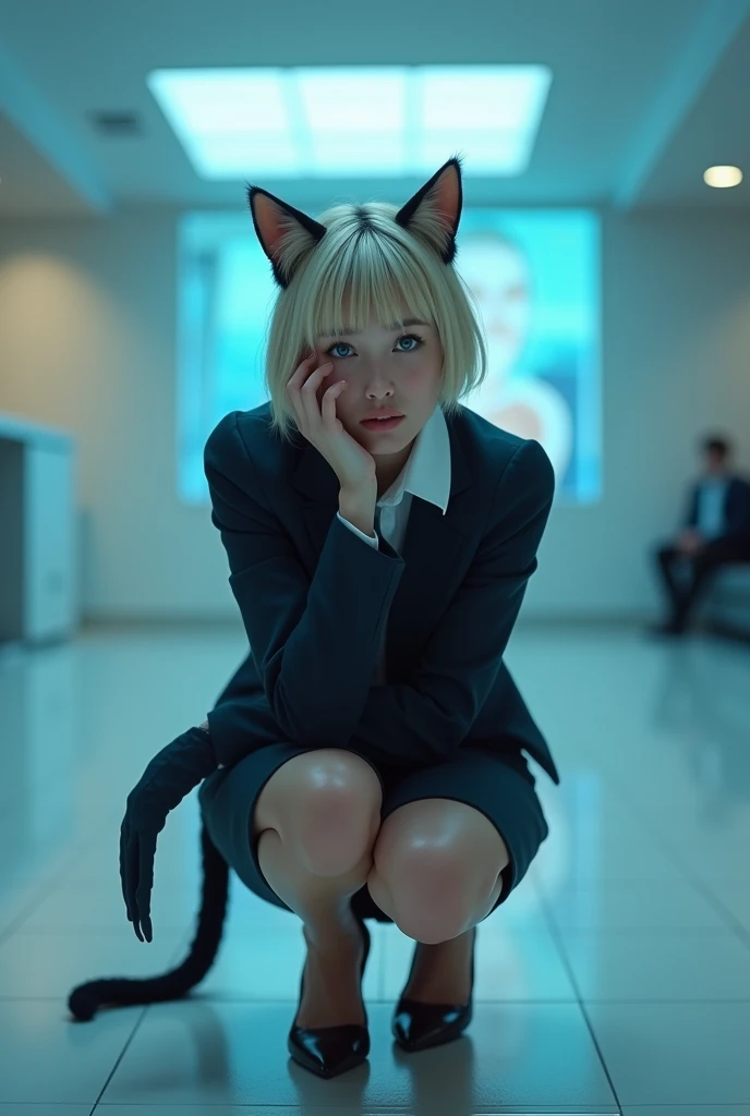 (photorealism:1.2), beautiful woman, swedish, blonde,sad, pensive, assistant, legs apart, speading, pussy, NSFW, white shirt, navy pleated skirt, white underwear, 18yo, corporate lobby, white floor and ceiling, blue lighting, hologram, projection,looking at camera, short hair, cat ears, cat tail, crouching ,  