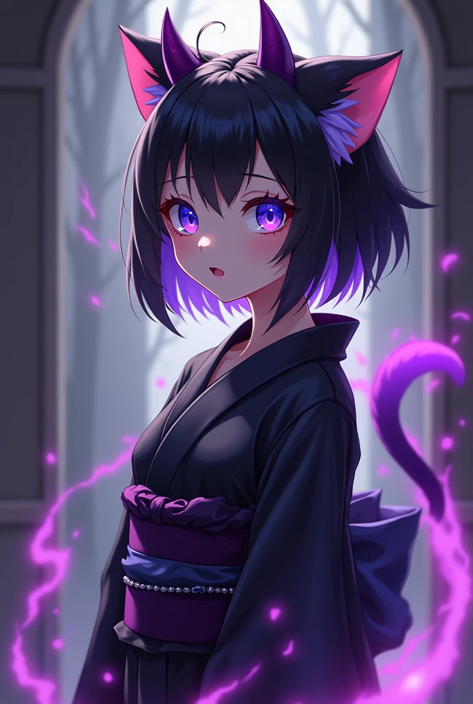 Demon girl, anime western style art, small cat ears, cat muzzle, small whiskers, very small demon horns, fur covered succubus tail, medium sized breasts, blue cat-like eyes, violet magical aura, mischievous small and cute smile, medium to small size body, black kimono laced with dark purple linen, angle on the left side, black furry body