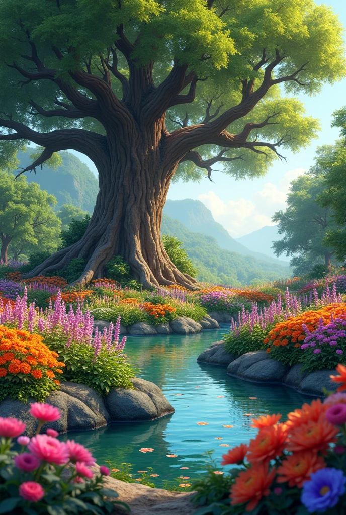 A garden full of colorful flowers, with a small pond and an old oak tree in the center to draw
